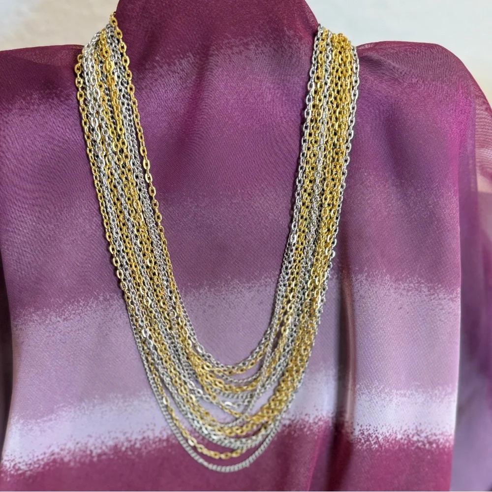 Vintage Trifari Two-Tone Multi-Strand Necklace, Mixed Metal Gold/Silver 1970s